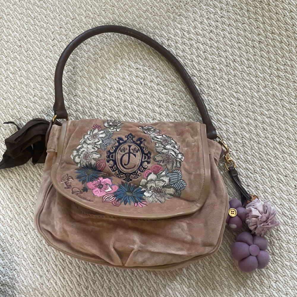 Juicy Couture Tan w Floral Embroidery Shoulder Bag